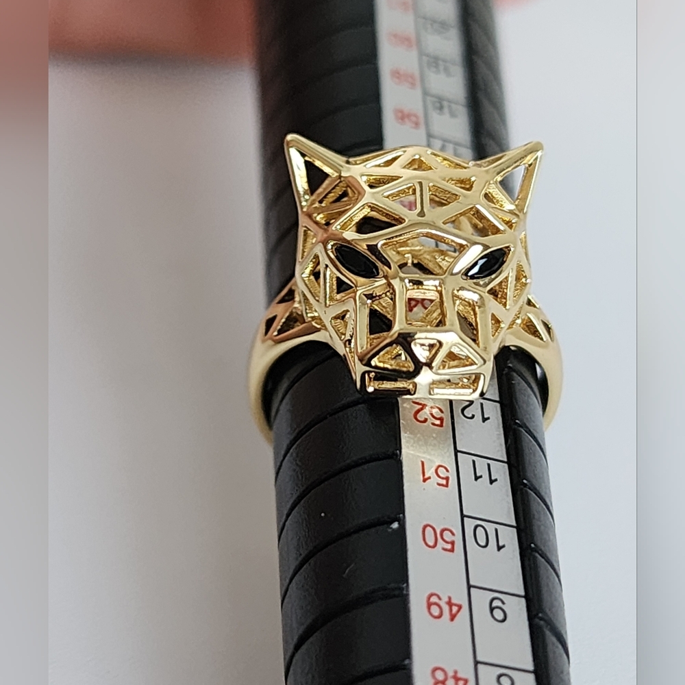 Gold Plated Panther Ring Size 8 Geometric Animal Head Statement Ring Black Eyes - Picture 2 of 8